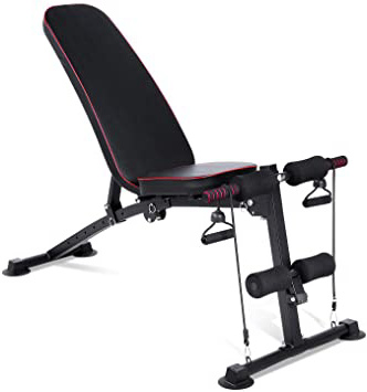 Femor Banco Plegable de Pesas, Banco Multifunción de Ejercicio, Banco de Abdominales 2en1 con Cuerda, Respaldo Ajustable de 7 Posiciones,Cargable hasta 120kg, Ejercitar Todo el Cuerpo Gimnasio en Casa