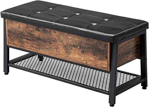 VASAGLE Banqueta para Cama, Taburete para Zapatos de Estilo Industrial, Zapatero con Asiento Acolchado y Estante, para Sala de Estar, Dormitorio, Marco de Hierro Resistente LSB47BX