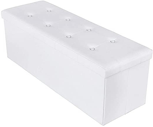 Songmics Baúl Puff - Taburete para almacenaje, Plegable Carga máxima de 300 kg, Blanco, 110 x 38 x 38 cm