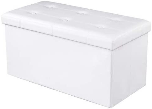 Songmics LSF106 Baúl Puff - Taburete para Almacenaje Plegable Carga máxima de 300 kg Blanco, 76 x 38 x 38 cm
