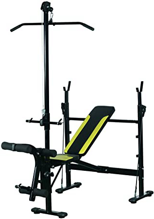 HOMCOM Banco de Pesas Ejercicios de Musculación 175x110x202cm Fitness con Respaldo Regulable Polea Alta Cuerda Color Negro