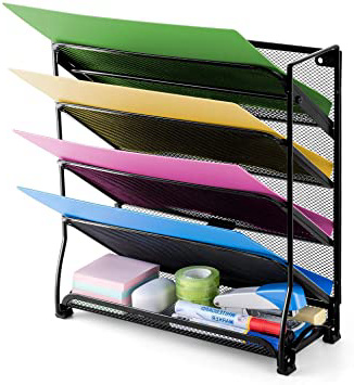 Organizador de archivos, YOMYM Titular del archivo Cuadrícula Carpeta de archivos desplegable soporte de bandeja para cartas de documentos de montaje en pared negro hierro Refuerzo de bordes (5 Capas)