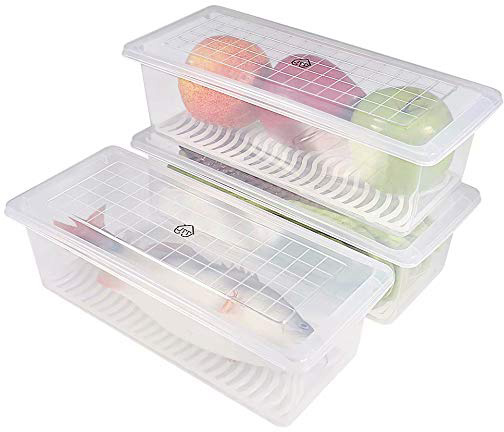77L Recipiente de almacenamiento de alimentos de plástico, contenedores apilables con placa de drenaje extraíble con tapa, mantener fresco para almacenar peces, carne, verduras y más (Paquete de 3)