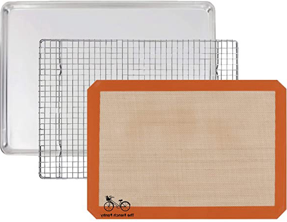Set de regalo para hornear de 3 piezas – Bandeja llana de aluminio, estera de silicona para hornear SIL-MAT y rejilla para enfriamiento de alimentos hecha de acero inoxidable