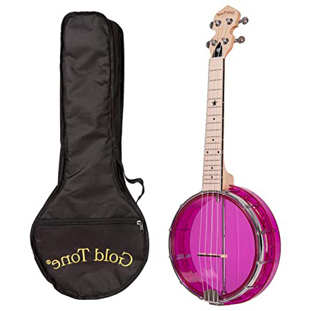 Ukelele de concierto de tono dorado con bolsa – Amatista rosa