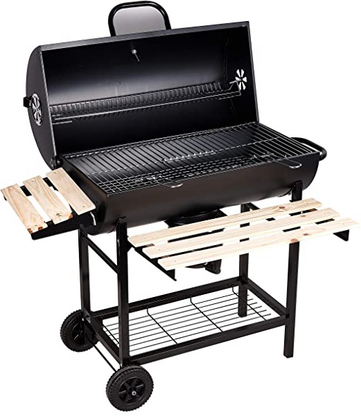 SunJas Barbacoas de Carbón Parrilla con Ruedas para Jardín Exterior BBQ con Soportes Facil Movimiento, con 2 Estantes de Madera Plegable para Almacenar Comidas, 101×70.5×94.5CM