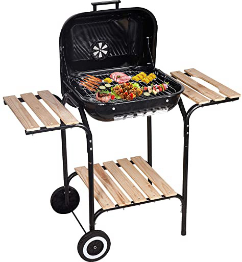 SunJas Barbacoas de Carbón de Leña Vegetal de Jardín Exterior BBQ de Carbón con Rejilla de Acero Inoxidable Parrillas Asador Portátil con Ruedas para Facil Movimiento, con Tablas, 96L ×45W ×75H (cm)