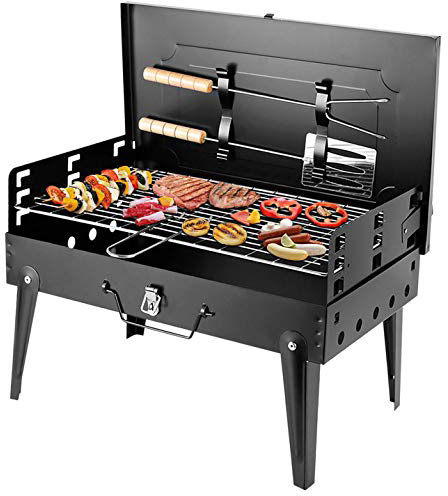 SunJas Barbacoa Portátil Barbacoa de Carbón Plegable con Parrillas de Acero Inoxidable Asador al Aire Libre Mini BBQ para 4-6 Personas para Jardin, Picnic, Camping - Color Negro