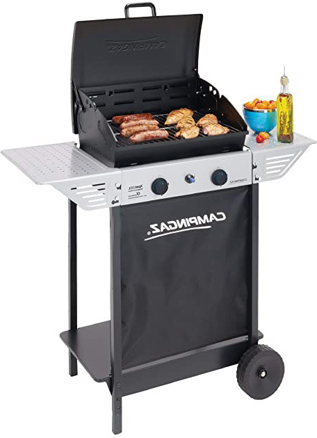 Campingaz Xpert 100 L Barbacoa gas, parrilla gas con dos quemadores compactos, 7.1 kW de potencia, parrilla de rejilla, 2 mesitas auxiliares y carro en acero