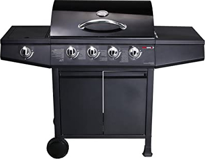 Barbacoa de gas CosmoGrill con 5 quemadores (1 lateral) y espacio de almacenamiento, para jardín, color negro