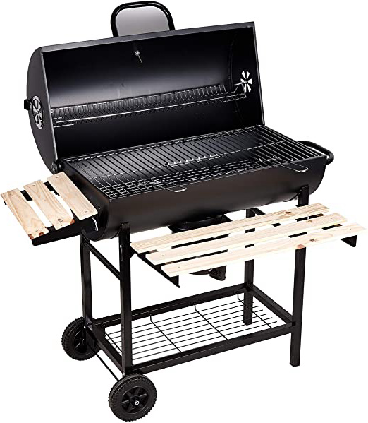 SunJas Barbacoas de Carbón Parrilla con Ruedas para Jardín Exterior BBQ con Soportes Facil Movimiento, con 2 Estantes de Madera Plegable para Almacenar Comidas, 101×70.5×94.5CM