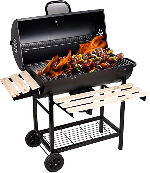 SunJas Barbacoas de Carbón Parrilla con Ruedas para Jardín Exterior BBQ con Soportes Facil Movimiento, con 2 Estantes de Madera Plegable para Almacenar Comidas, 101×70.5×94.5CM
