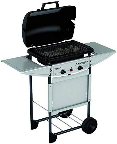 Campingaz Expert Plus Barbacoa gas piedra volcanica, parrilla gas con dos quemadores compactos y quemador lateral, 7 kW de potencia, parrilla de acero y mesas laterales