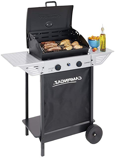 Campingaz Xpert 100 L Plus Rocky Barbacoa Gas para Piedra Volcanica, BBQ gas con 2 quemadores, 7.1kW de potencia, 2 Parrillas de acero cromado, 2 mesas laterales y rocas de lava