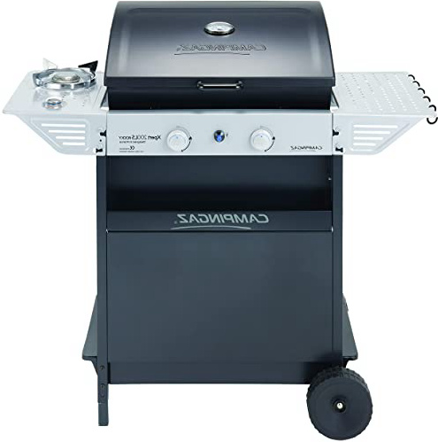 Campingaz Xpert 200 LS Rocky Barbacoa gas piedra volcanica, parrilla gas con 2 quemadores compactos, 8.2 kW de potencia, 2 parrillas de hierro fundido, 2 mesas laterales y carro de acero