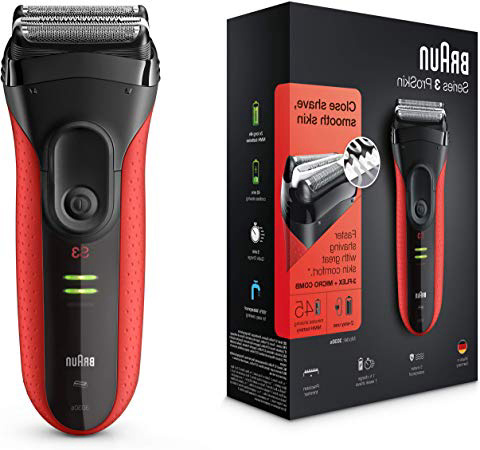Braun Series 3 ProSkin 3030 S Afeitadora Eléctrica Hombre, para la Barba, con Recortadora de Precisión Extraíble, Recargable, Resistente al Agua, Negro/Rojo