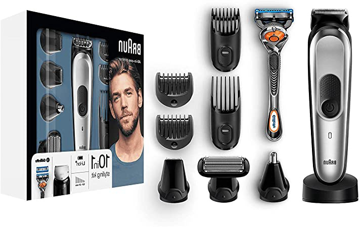 Braun MGK7020 10 En 1 - Recortadora Barba y Cortapelos Todo en Uno con Afeitadora Cuerpo, Nariz y Orejas, Afeitadora Mini, Detalles, Negro/Plata