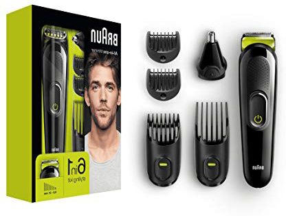 Braun MGK3021 6 en 1 Recortadora Todo en Uno, Recortadora Barba y Cortapelos, Recortador Vello de Nariz y Orejas, Cuchilla larga Duración, Negro/Verde