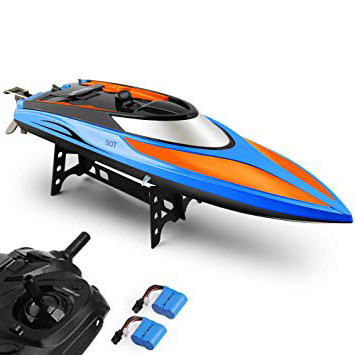 E T RC Barco Teledirigido Lancha Piscinas y Lagos Alta Velocidad (20MPH +) Barco de Control Remoto 2.4Ghz Radiocontrol Juguetes para Adultos y Niños + Extra Batería (Azul Naranja)