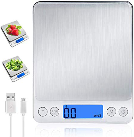 Báscula Digital para Cocina con Carga USB,Balanza de Alimentos Multifuncional Alta Precisión(3 kg-0.1g/0.01oz)Peso de cocina Electrónica con LCD Retroiluminación, Plata