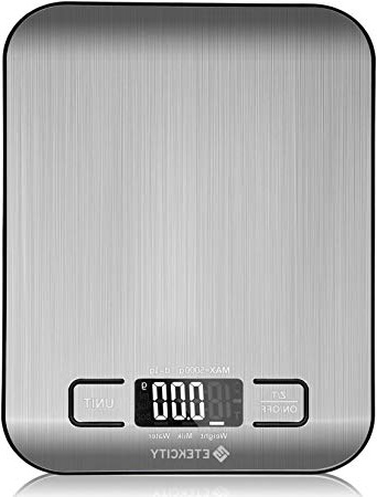 Etekcity Báscula Digital para Cocina de Acero Inoxidable, 5kg/11 lbs Bascula Comida de Precisión, Balanza de Alimento Multifuncional, Peso de Cocina con LCD Retroiluminación, Plata Baterías Incluidas