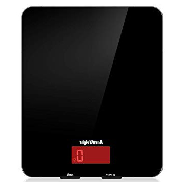 AUWEIGHT Báscula Digital de Cocina 5kg/11 lbs Balanza Alimentos Multifuncional con Superficie de Vidrio Templado y Pantalla LCD para Peso de Comida, Alta Precisión hasta 1g, Negro