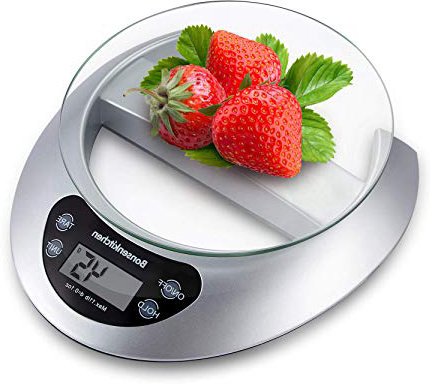 Bonsenkitchen Báscula Digital Balanza de Cocina Profesional, Escala de Peso de Alta Precisión con Vidrio Desmontable y Pantalla LCD - 5 kg / 11 lb, Báscula de Alimentos Electrónica Plata (KS8802)