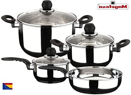 MAGEFESA PRACTIKA – Batería de Cocina 7 Piezas está Fabricada en Acero Inoxidable, Fondo difusor Garantiza la distribución de Calor. Fácil Limpieza y Apta lavavajillas