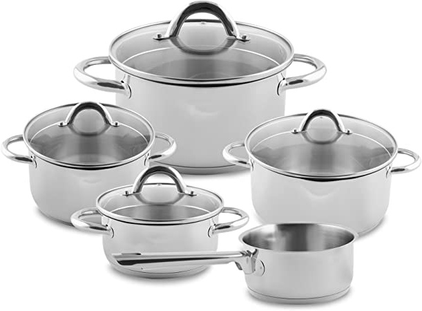 Set de Ollas Sagan, Batería de cocina de cromo y acero inoxidable, incluye tapas de cristal a juego con salidas de vapor y sistema vertido - 9 regiones