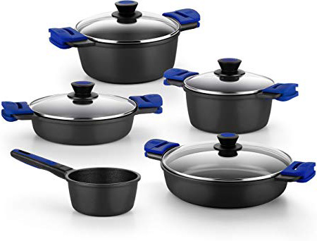 BRA Advanced - Batería de 5 piezas de aluminio fundido con antiadherente, para todo tipo de cocinas incluso inducción, negro