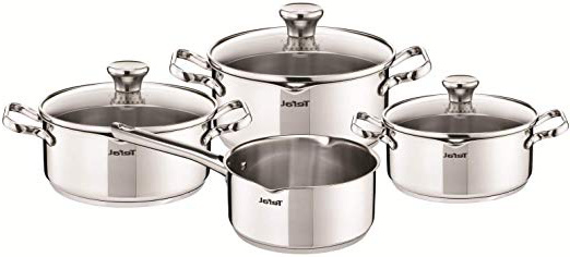 Tefal Duetto A705A834 Batería compuesta por: cazo de 16 cm, cacerolas de 16/20/24 cm y 3 tapas de cristal con función escurridor, acero inoxidable, set de 4 piezas
