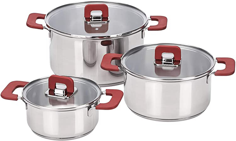 AmazonBasics - Batería de cocina antiadherente de acero inoxidable para inducción de 3 piezas