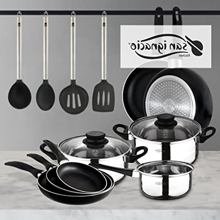 San Ignacio PK332 Set Tres sartenes + Batería 5 Piezas + Juego de Utensilios de Cocina, Cromado