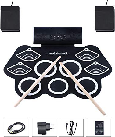 Asmuse Juego de Batería Electrónica Drum Kit Rolling up 9 Almohadillas Eléctrica Drum Kit de Instrumentos para Niños con Altavoz Incorporados Paltillo y Palos