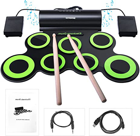 Batería Electrónica, Drum Set, bonrob Roll Up de batería Midi Drum Kit con auriculares y altavoces integrados Drum Pedals y baquetas, hasta 10St. Parte tiempo, regalo de Navidad para niños BM001