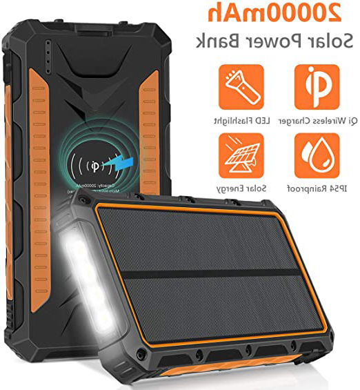 Sendowtek Cargador Solar 20000mAh, Qi Wireless Power Bank Portátil Batería Externa, 3 Puertos de Salida 4 Linternas LED, IP54 a Prueba de Lluvia para Acampar, Actividades al Aire Libre - Naranja