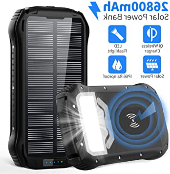 Solar Power Bank 26800mAh Cargador Solar Batería Externa Móvil+4 Salida Puerto:Carga Rapida Tipo C/QI Carga Inalámbrico/Max 3.1A+4 Modo Iluminación:SOS Linterna+18 LED+Impermeable para iPad Smartphone
