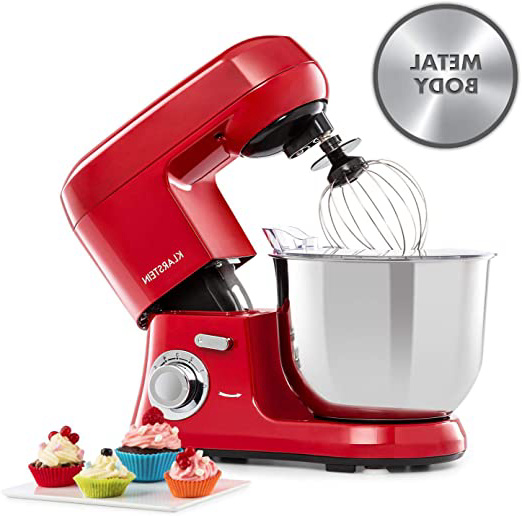 Klarstein Bella Robusta Metal - robot de cocina, carcasa de fundida a presión, cuenco de acero de 5,5 litros, función pulse, 1200 W en 6 niveles, gancho de amasar y remover, varillas, no salpica, rojo