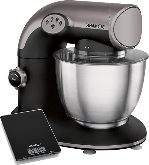 Bomann KM 315 Batidora amasadora, 5.6 litros, 5 velocidades, 1200 W, incluye báscula de cocina, acero inoxidable, Negro/Plateado