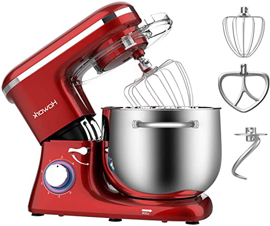 Howork 1500W Batidora Amasadora, 8 litros capacidad Profesional Amasadora de pan Automática Multifuncional, 6 Niveles de Velocidad Con 304 Recipiente de Acero Inoxidable (8 litros, rojo)