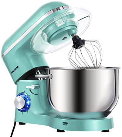 Aucma - Robot de cocina (1400 W, con bol de acero inoxidable de 6,2 L, amasador, batidor,varillas y protección para salpicaduras, 6 velocidades, silencioso)