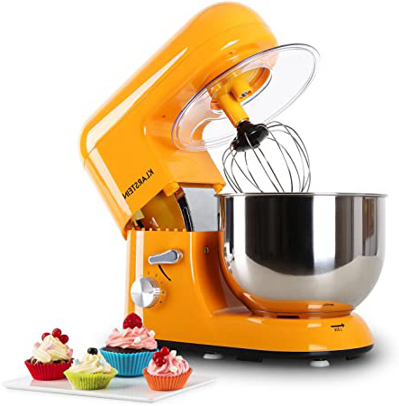 Klarstein Bella Orangina - Robot de Cocina, Batidora, Amasadora, 1200 W, 5,2 litros, 1,6 PS, Batido planetario, 6 Niveles de Velocidad, Recipiente de Acero Inoxidable, Naranja