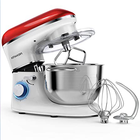 







Robot de cocina, amasadora (1400 W, con bol de acero inoxidable de 5,5 L, amasador, batidor,varillas y protección para salpicaduras, 6 velocidades, silencioso) rojo/blanco






