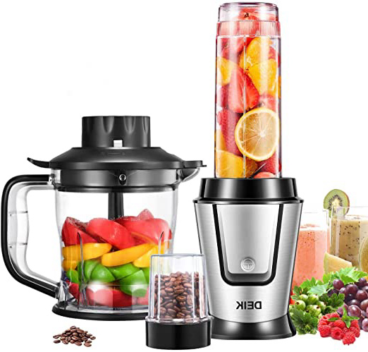 Batidora de Vaso, Deik Batidora 3 en 1 con Molinillo y Picadora de Carne, Batidora Smoothie para Batidos y Alimentos para Bebés, Base de Acero Inoxidable, 4 Cuchillas de Titanio, 500W & 26000RMP
