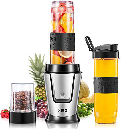Batidora de Vaso, Deik 10s Mezclar Rápidamente 3 en 1 procesador de alimentos y smoothie maker, Molinillo para Café y Especias, 25000 RPM y 500W, Cuerpo de Acero Inoxidable, Plata