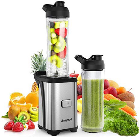 homgeek Batidora de Vaso, Licuadora Smoothies, Mini Licuadora Portatil 350 W Incluye 2 Sin BPA Botellas Portátiles de 600 ml y Cuerpo de Acero Inoxidable, Operación con Solo Botón