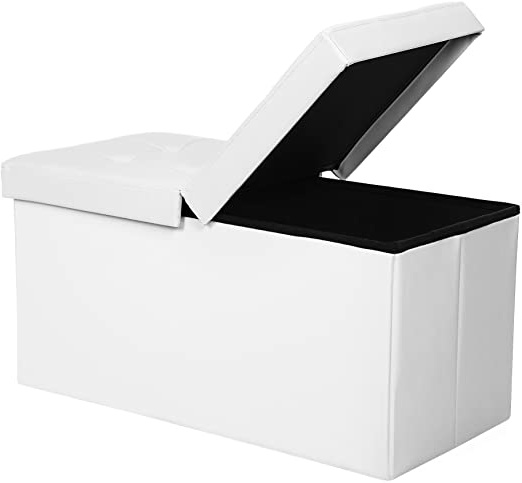 SONGMICS Puff Baúl Plegable Taburete de almacenamiento 80 L Tapa plegable Carga máxima de 300 kg Blanco 76 x 38 x 38 cm LSF45WT