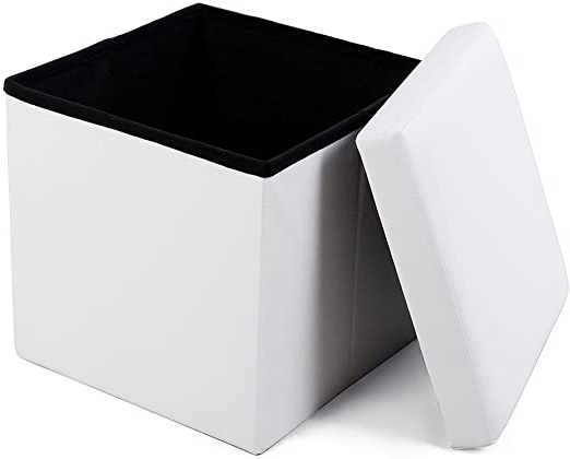 SONGMICS Banqueta Plegable con Compartimento para Almacenaje (Cuero de Imitación, 38 x 38 x 38 cm), color Blanco LSF103