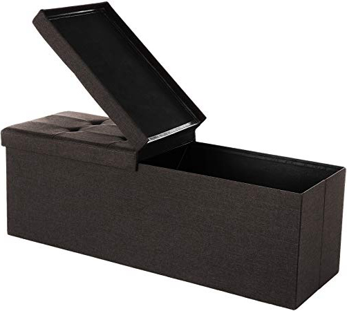 SONGMICS Baúl Puff Taburete para Almacenaje Plegable, Carga Máxima de 300kg, Textil Lino, 110 x 38 x 38 cm, Marrón Oscuro LSF77Q