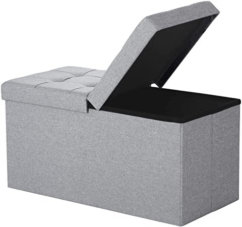 SONGMICS Banco con Espacio de Almacenamiento, Cofre con Tapa Abatible, Caja de Almacenamiento, Plegable, Carga Estática Máx. 300 kg, 80 L, 76 x 38 x 38 cm, Lmitación Lino, Moteado, Gris Claro LSF41G